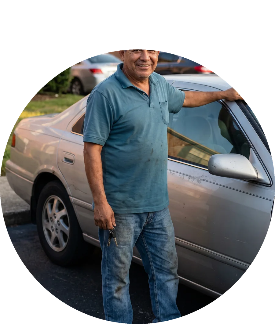 A smiling man holding his keys beside his car